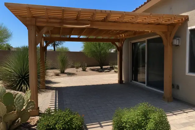 Completed wood ramada and pergola installation over a stone patio in a Phoenix, AZ backyard with desert succulents.
