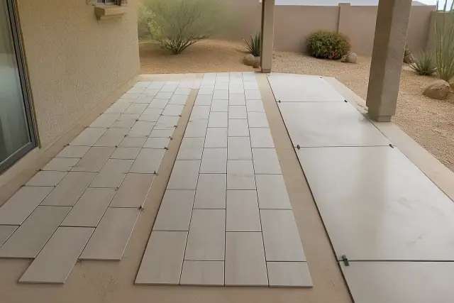 Dry-fit tile layout showing 12x24 and 24x48 tiles on a residential construction site in Phoenix, AZ.