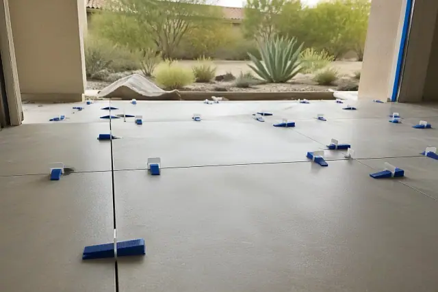 Large format tile installation with leveling clips and wedges on a jobsite in Phoenix, AZ.