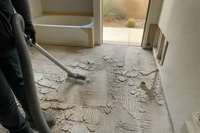 Industrial vacuum hose removing debris during a bathroom tile demolition job in Phoenix, AZ.