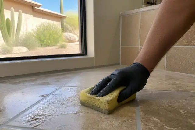 A technician wiping excess mortar from between new stone bathroom tiles during a regrouting project in Phoenix, AZ.