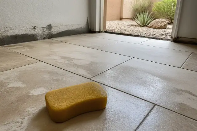A damp sponge cleaning excess mortar from new stone floor tiles in a residential bathroom in Tempe, AZ.