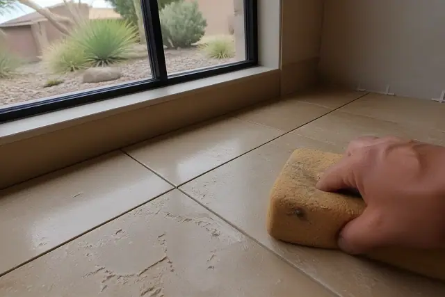 Damp sponge wiping excess mortar from newly installed stone floor tiles in a Chandler, AZ home.