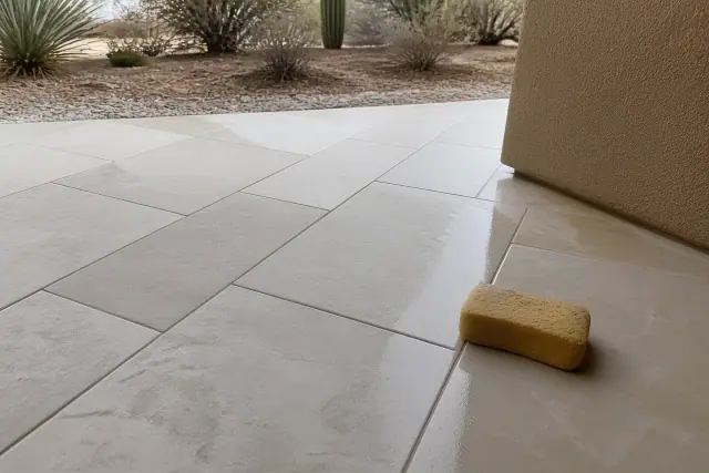 A damp sponge wiping mortar from newly installed stone floor tiles on an outdoor patio in Surprise, AZ.