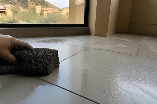 A sponge wiping wet grout from newly installed stone floor tiles in a Paradise Valley, AZ bathroom.