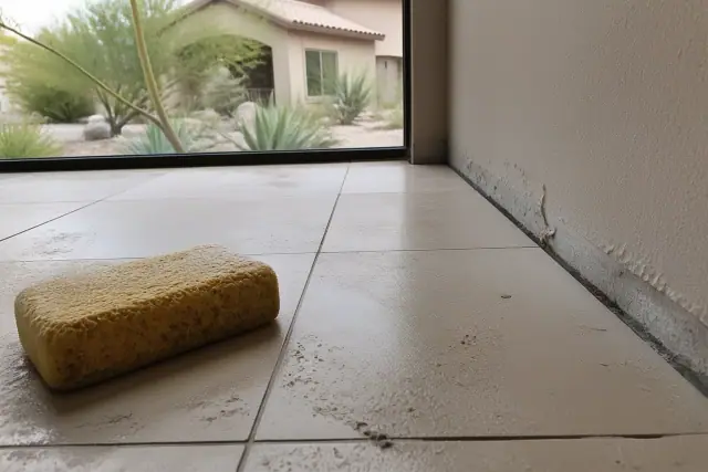 Damp sponge wiping excess mortar from new stone floor tile gaps in a Scottsdale, AZ home.