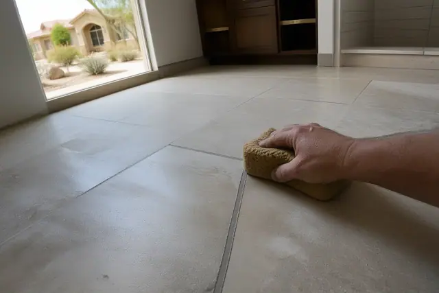 A contractor wiping grout from new stone bathroom floor tiles during a home renovation in Gilbert, AZ.