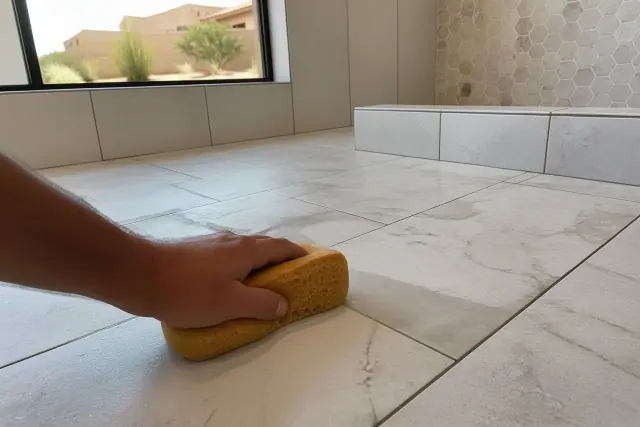 A damp sponge wiping excess grout from newly installed porcelain floor tiles at a bathroom jobsite in Goodyear, AZ.