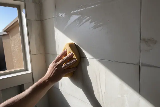 A damp sponge wipes excess mortar from stone tiles during a bathroom installation project in Phoenix, AZ.
