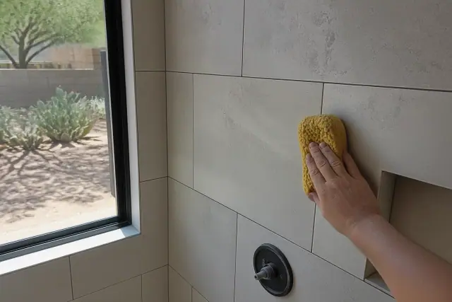 Damp sponge wiping excess mortar from between new stone tiles in a Phoenix, AZ home.