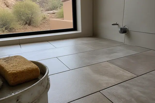 Close-up of fresh grout lines between new stone floor tiles in a Glendale, AZ bathroom.