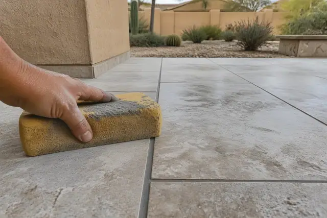 Contractor wiping excess mortar from newly installed stone floor tiles in a home in Peoria, AZ.