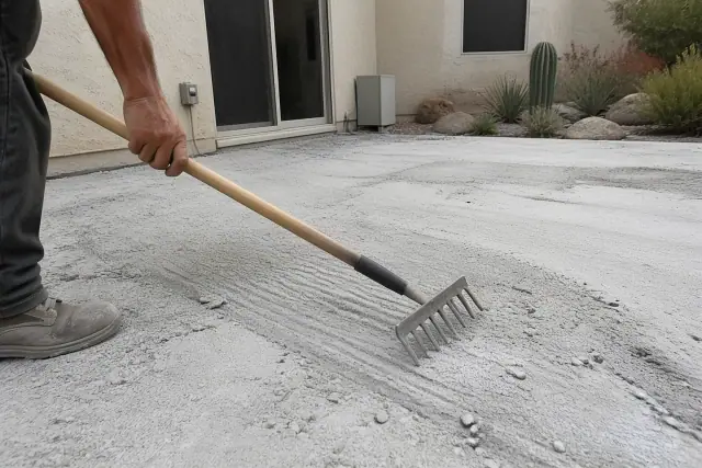 A carbide hand rake scoring an exposed concrete slab for leveling in Phoenix, AZ, with desert landscaping in the background.