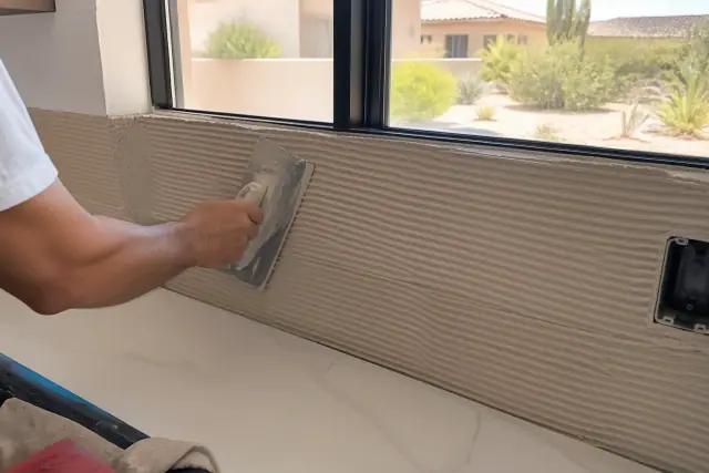 Thinset adhesive applied in ridges on a kitchen wall in Phoenix, AZ, with desert landscaping visible through the window.