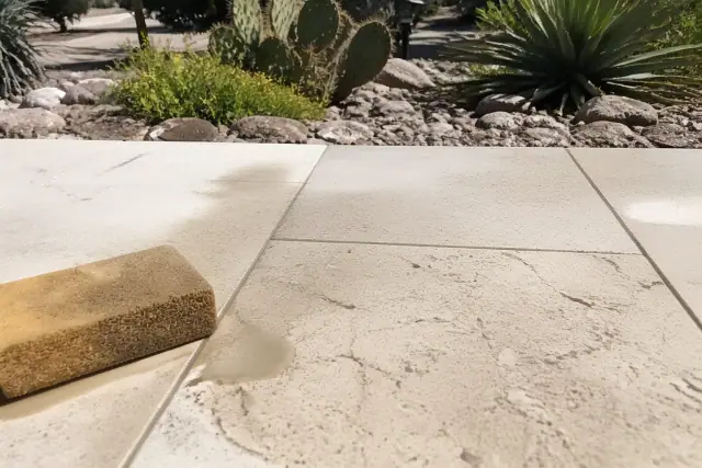 A damp sponge wiping grout from newly installed stone tiles at a commercial job site in Phoenix, AZ.