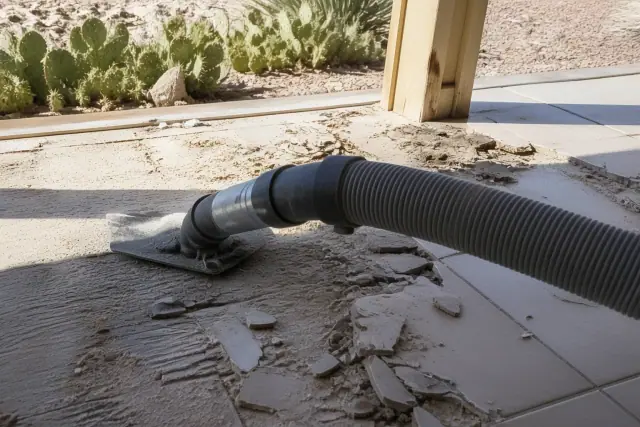 Industrial vacuum hose removing tile debris during a floor demolition in Phoenix, AZ with desert plants in the background.