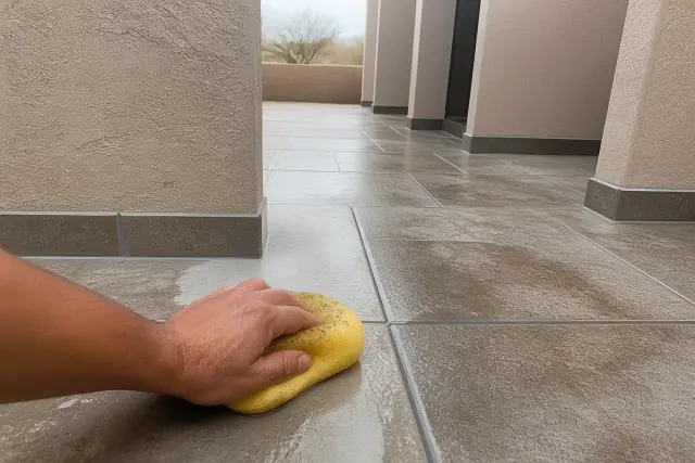 A contractor wiping fresh grout from stone tiles during a commercial installation in Phoenix, AZ.