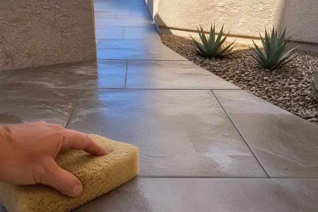 A sponge cleaning damp grout from new stone tile flooring at a jobsite in Surprise, AZ.