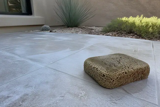 A contractor using a sponge to clean grout from newly installed stone tile flooring in Paradise Valley, AZ.