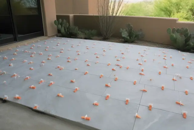Large-format tile installation with leveling clips and wedges on a desert patio floor in Scottsdale, AZ.