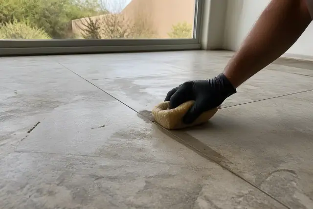 A gloved hand uses a damp sponge to grout stone floor tiles at a construction site in Mesa, AZ.