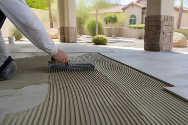 Trowel spreading adhesive on a floor for tile installation at a residential jobsite in Tempe, AZ.