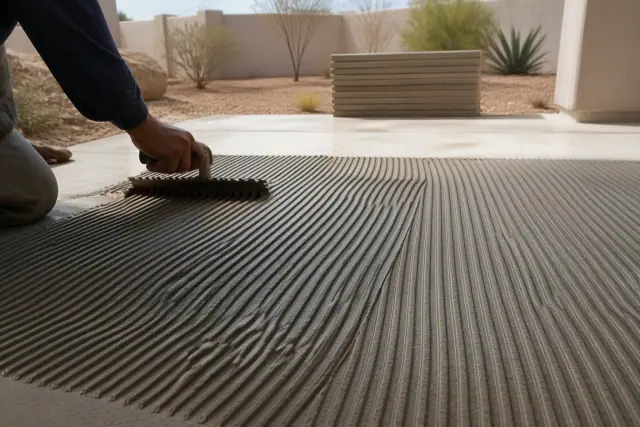 Trowel spreading adhesive in uniform ridges on a floor during a tile installation project in Goodyear, AZ.