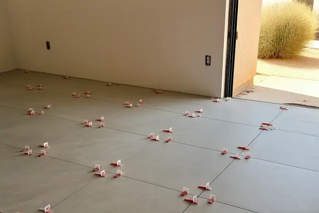 Tile flooring installation with leveling clips and wedges on floor tiles in a Chandler, AZ home.