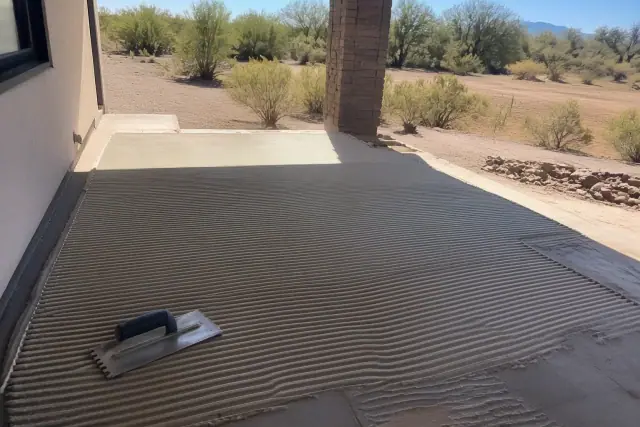 Notched trowel spreading thinset mortar on a concrete floor at a job site in Peoria, AZ.