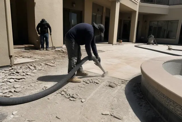 Industrial tool removing floor tiles with a vacuum hose at a job site in Phoenix, AZ.