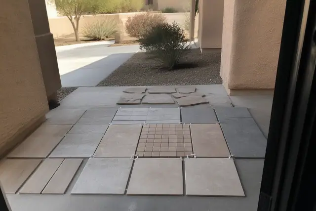 Ceramic, porcelain, and stone tiles arranged on a residential floor in Phoenix, AZ during a tile installation project.