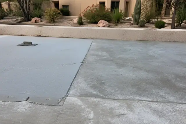 Comparison of raw concrete substrate and waterproof membrane on a jobsite in Phoenix, AZ.