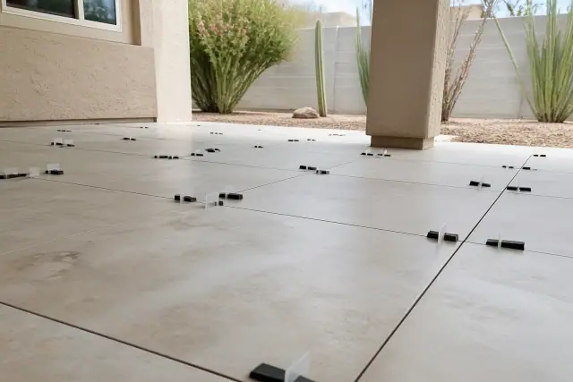 Plastic leveling clips and wedges installed between patio tiles on a jobsite in Phoenix, AZ.