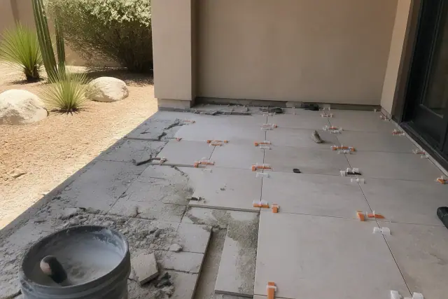 Technician repairing cracked floor tiles with leveling clips and mortar at a job site in Phoenix, AZ.