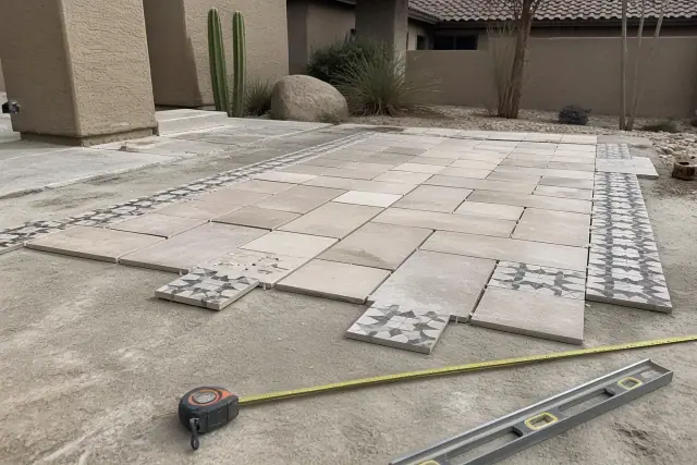 Tiles laid out on a patio in Phoenix, AZ, to verify patterns and spacing during a residential installation.