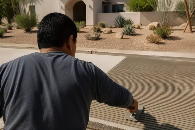 A tile installer spreading thinset adhesive on a floor at a residential job site in Phoenix, AZ.