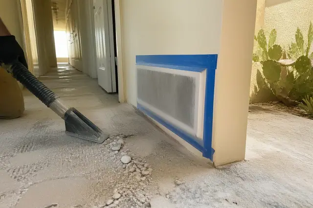 HEPA-filtered vacuum shroud capturing dust at an HVAC return in a Phoenix, AZ residential hallway.