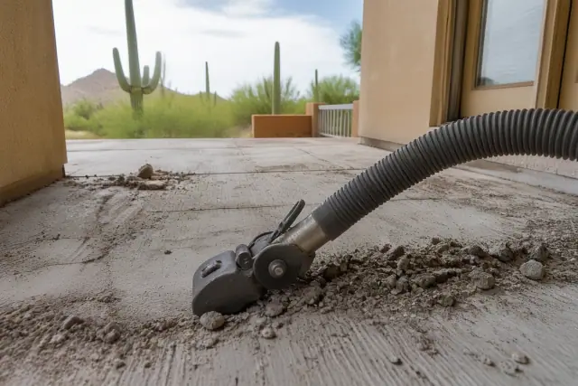 Industrial vacuum hose capturing debris during dustless tile removal on a concrete slab in Phoenix, AZ.