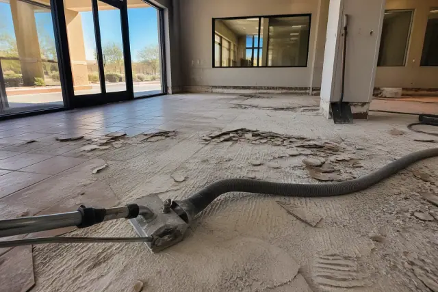 Dustless tile removal with an industrial vacuum hose on a commercial floor in Phoenix, AZ.