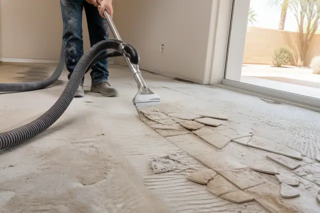 Dustless tile floor removal using an industrial vacuum scraper in a residential home in Glendale, AZ.