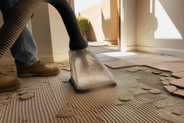 Industrial vacuum hose removing ceramic floor tile debris during a residential remodel in Gilbert, AZ.