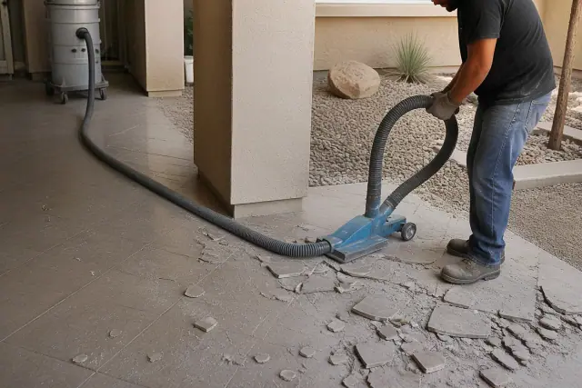 Technician using an industrial vacuum tool to remove old floor tile in Goodyear, AZ.