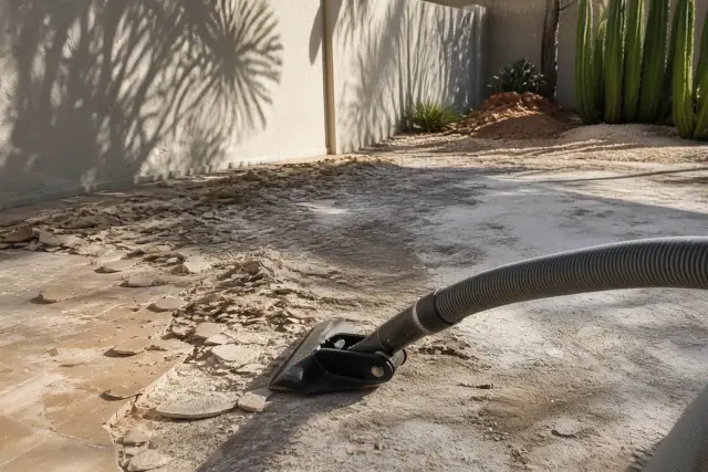 Industrial vacuum hose and removal tool capturing dust during a floor demolition project in Phoenix, AZ.