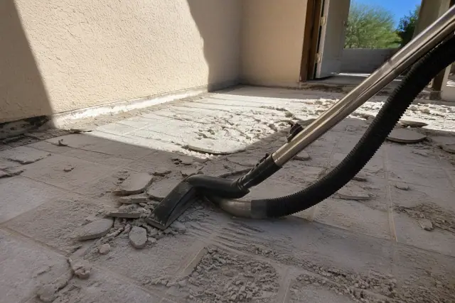 Dustless tile removal with an industrial vacuum hose on a sunny jobsite in Phoenix, AZ.