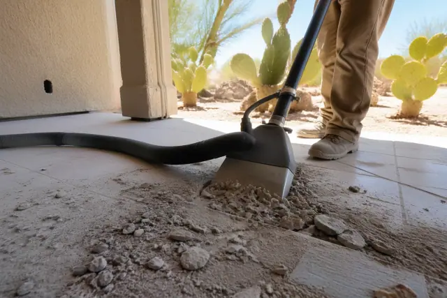 Industrial vacuum hose removing tile flooring debris at a jobsite in Mesa, AZ.