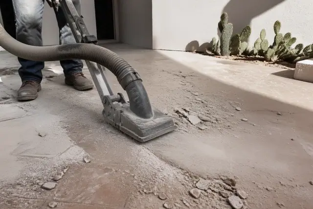 Industrial vacuum hose and scraper tool removing tile flooring in a Chandler, AZ home.