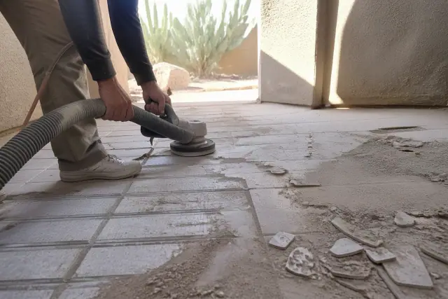 Contractor removing tile flooring with an industrial vacuum system at a residential job site in Tempe, AZ.