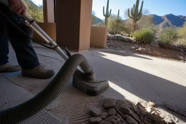 Industrial vacuum hose removing concrete dust from tile flooring at a jobsite in Paradise Valley, AZ.