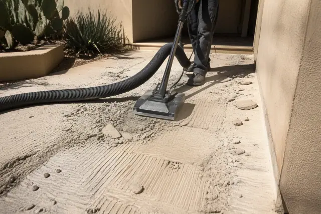 Industrial vacuum removing old tile debris from a concrete floor at a job site in Phoenix, AZ.