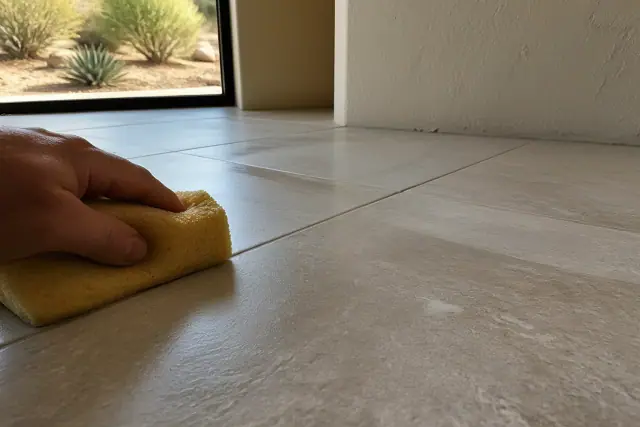Close-up of new epoxy grout between ceramic tiles in a Phoenix, AZ home with desert views through the window.